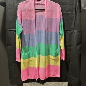 Pink and Green Striped Cardigan Sweater